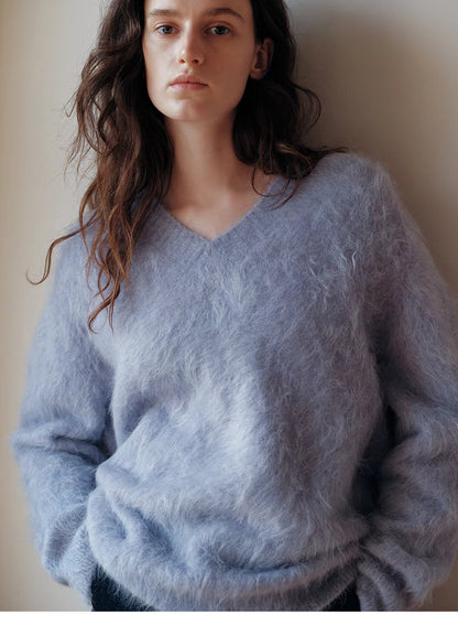 Misty blue brushed wool V neck sweater front view showcasing soft airy knit and relaxed silhouette