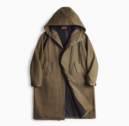 Coffee Brown Cotton Windbreaker Coat in army green front flat lay showing long length, drawstring hood, and button placket design