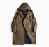 Coffee Brown Cotton Windbreaker Coat in army green front flat lay showing long length, drawstring hood, and button placket design