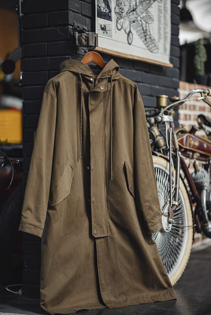 Coffee Brown Cotton Windbreaker Coat in army green hanging display front view highlighting hood with drawstring and oversized pockets