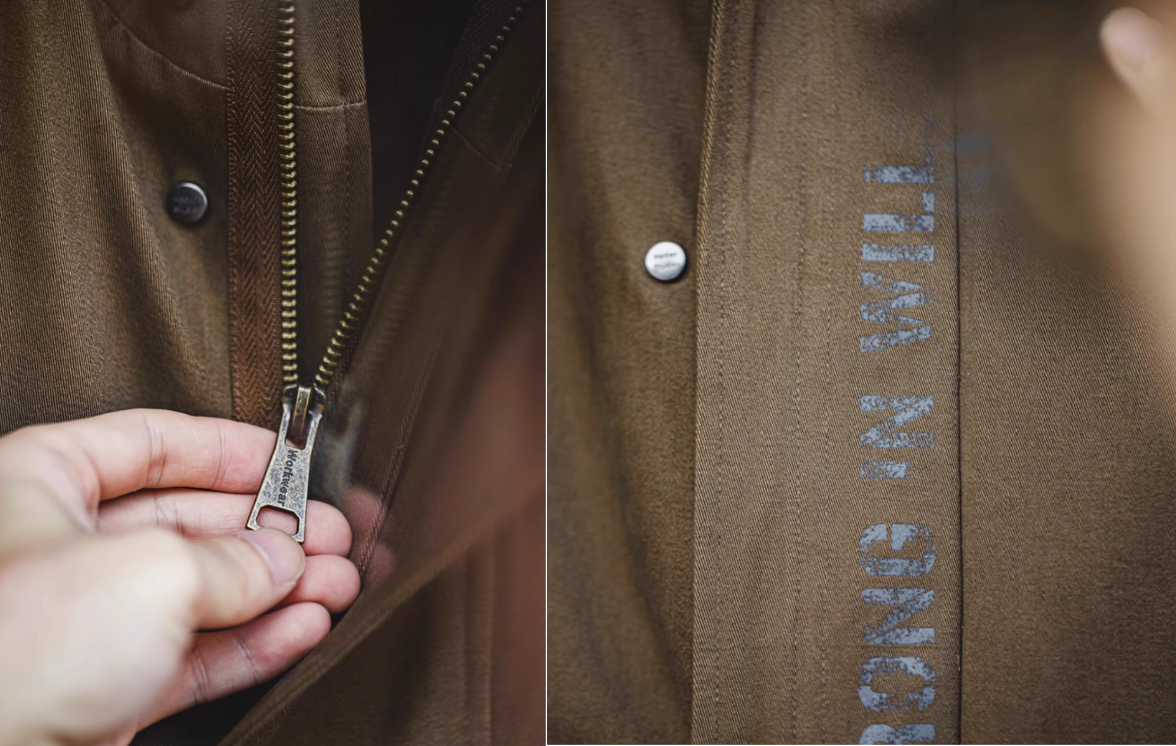 Close-up collage of Coffee Brown Cotton Windbreaker Coat in army green showing zipper hardware and printed logo detail on fabric