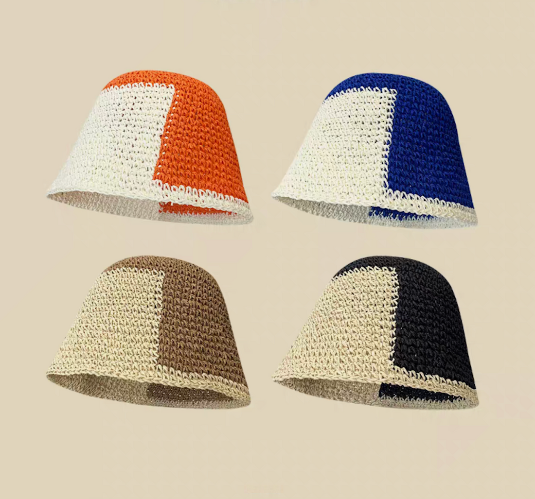 Color-block straw bucket hats in white blue, orange white, khaki white, and black white color options