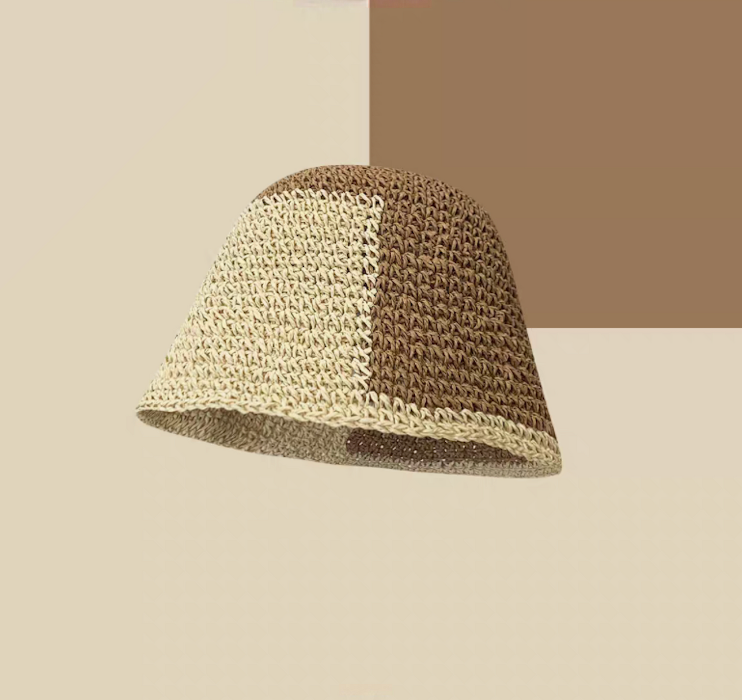 Khaki and white color-block straw bucket hat neutral tone woven summer hat
