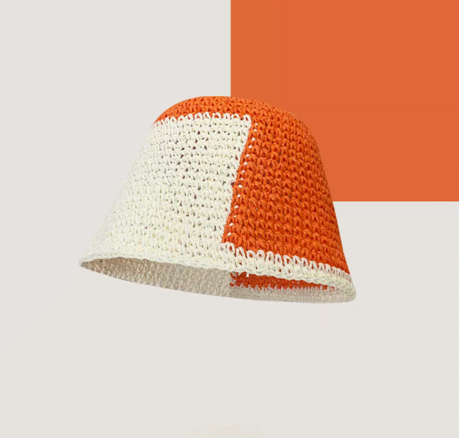Orange and white color-block straw bucket hat stylish breathable summer accessory