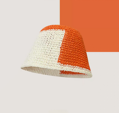 Orange and white color-block straw bucket hat stylish breathable summer accessory