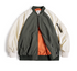 Front view of color-block MA-1 bomber in army green and cream with orange lining