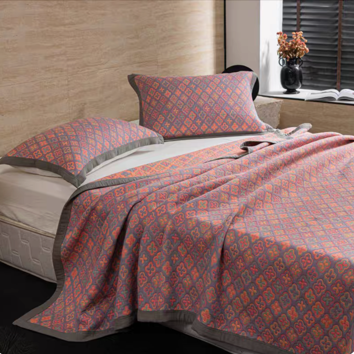Colorful Harmony Cotton Woven Quilt Pink Purple floral patterned cotton quilt with matching pillowcases