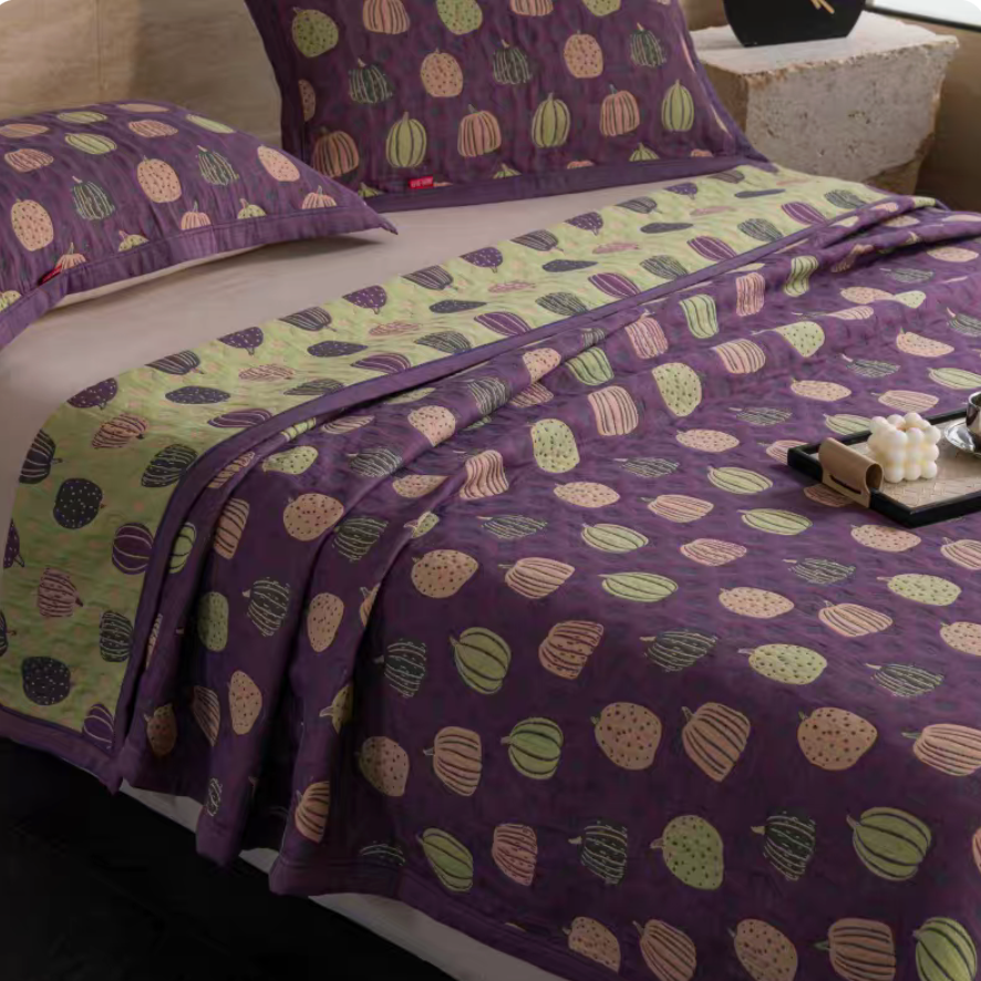Colorful Harmony Cotton Woven Quilt Purple Pumpkin cotton quilt with pumpkin motif and purple background