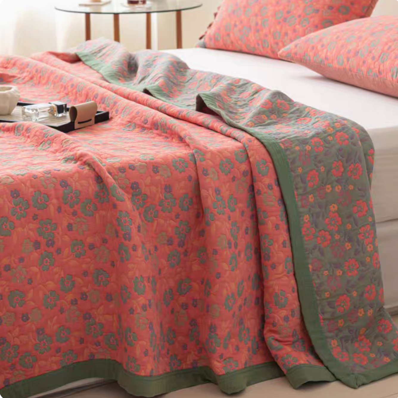Colorful Harmony Cotton Woven Quilt Vivid Pink Floral cotton quilt with small floral motifs and contrasting trim