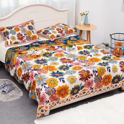 Colorful Super Soft Long-staple Cotton Blanket Blooming with vibrant floral pattern styled on bedroom bed