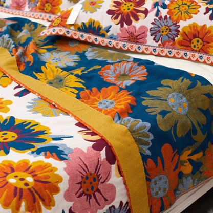 Close-up of Colorful Super Soft Long-staple Cotton Blanket Blooming showing colorful flower pattern on cotton fabric