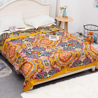 Colorful Super Soft Long-staple Cotton Blanket Tibetan Tapestry featuring intricate boho tapestry pattern displayed on a bed