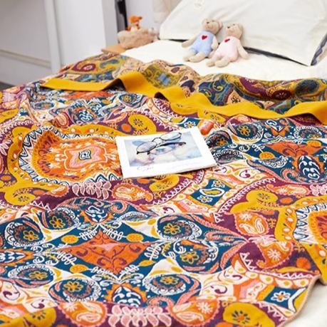 Detailed cotton texture view of Colorful Super Soft Long-staple Cotton Blanket Tibetan Tapestry with vibrant boho design