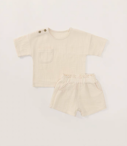 Beige crinkle gauze cotton baby set boxy tee and elastic shorts soft breathable minimal summer outfit