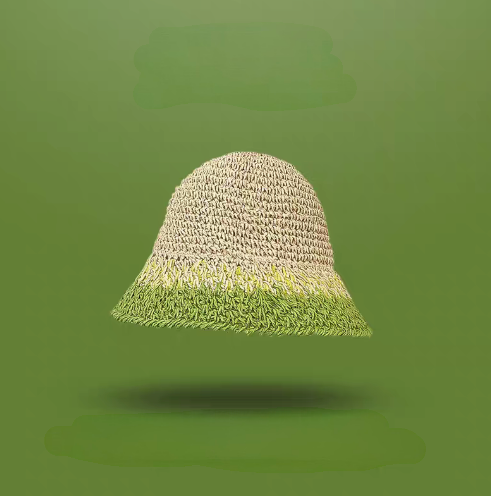 Beige top green edge straw bucket hat with soft brim lightweight breathable summer beach sun hat