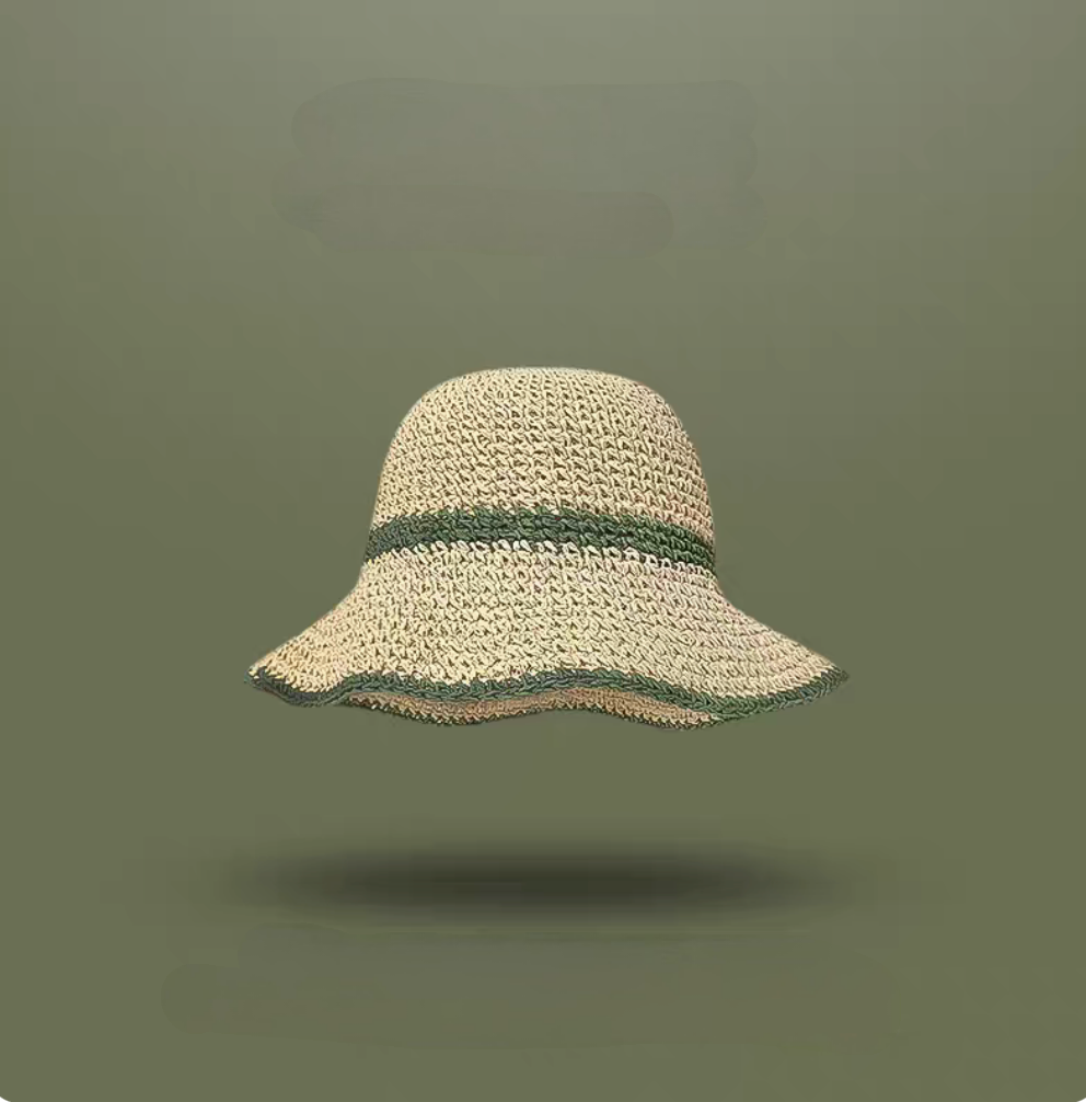 Beige and green edge straw sun hat with wavy brim foldable lightweight beach summer hat
