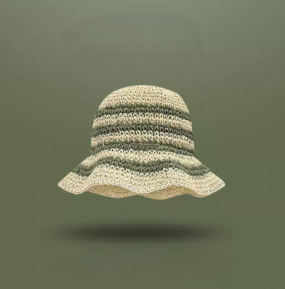 Beige and green patterned straw sun hat with soft wavy brim lightweight beach hat