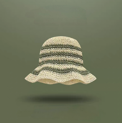 Beige and green patterned straw sun hat with soft wavy brim lightweight beach hat