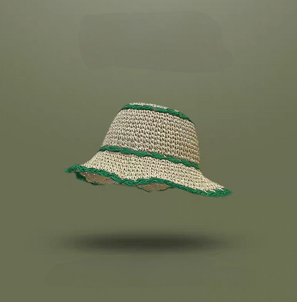 Beige straw bucket hat with green trim soft brim breathable casual summer beach hat
