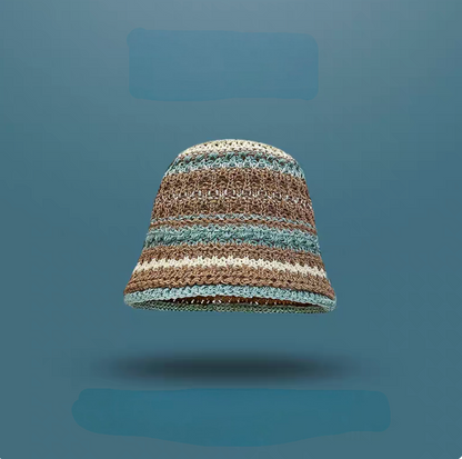 Beige khaki straw bucket hat with light blue stripes soft brim lightweight breathable summer hat