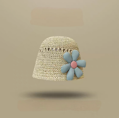 Beige straw bucket hat with blue flower detail soft brim stylish breathable summer beach hat