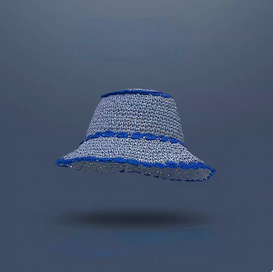 Blue straw sun hat with dark blue edge wavy brim foldable breathable summer beach hat