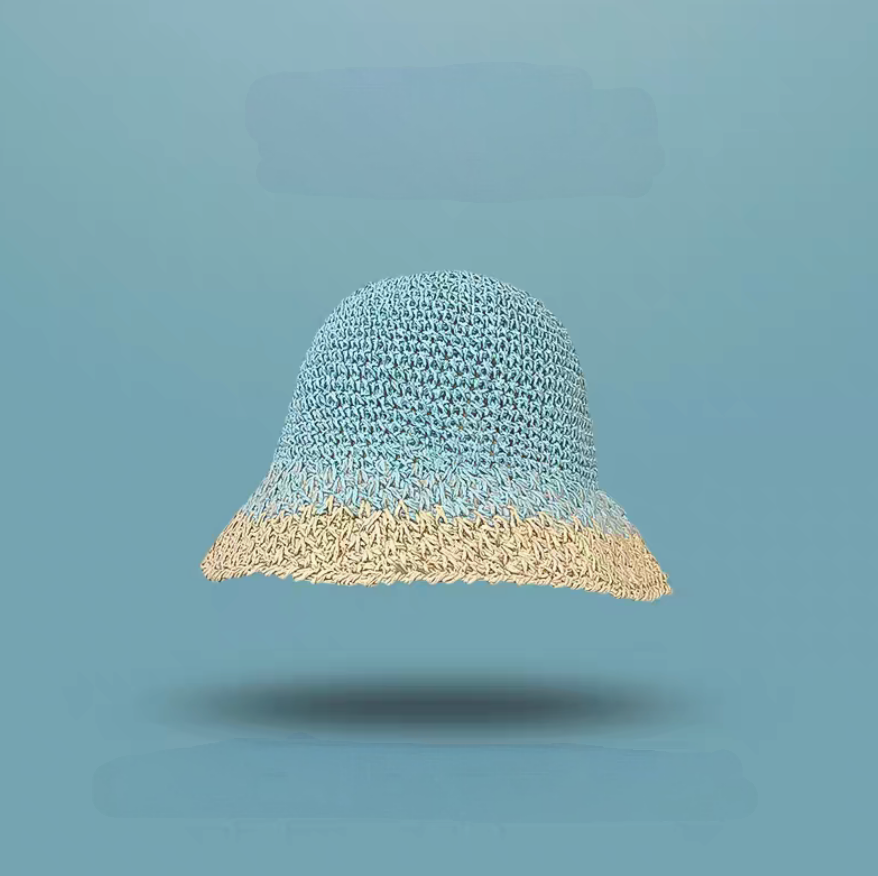 Blue top beige edge straw bucket hat soft brim lightweight breathable summer beach sun hat