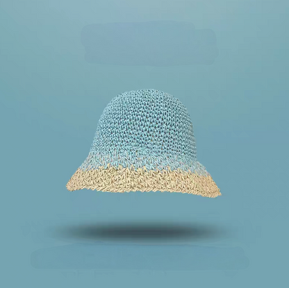 Blue top beige edge straw bucket hat soft brim lightweight breathable summer beach sun hat