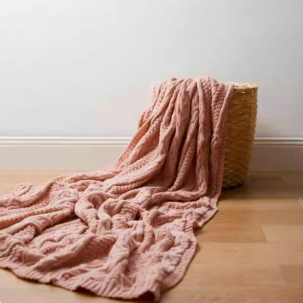 Pink braided knit oversized throw blanket draped from woven basket onto wooden floor showing soft texture and cable knit pattern