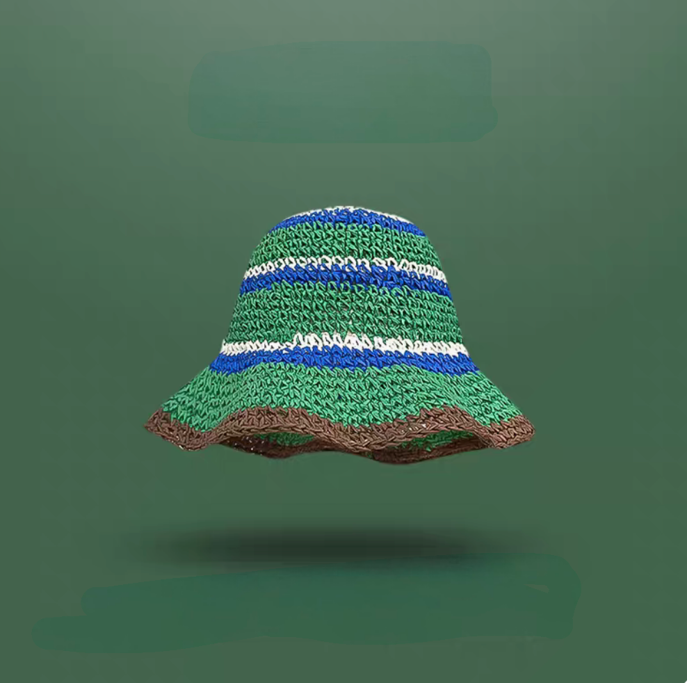 Dark green striped straw bucket hat soft brim breathable summer beach sun hat