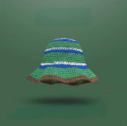 Dark green striped straw bucket hat soft brim breathable summer beach sun hat