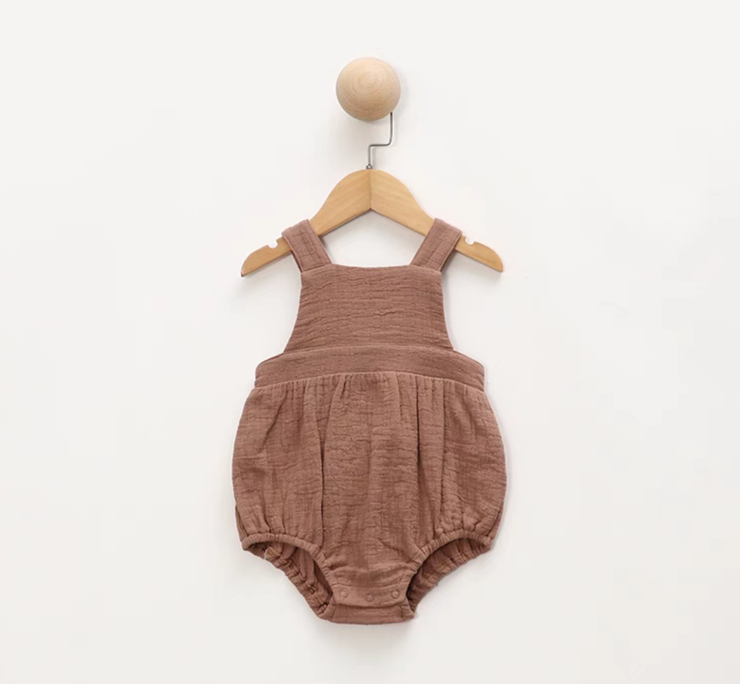 Dusty rose cotton gauze baby romper cross back design soft breathable summer outfit front view