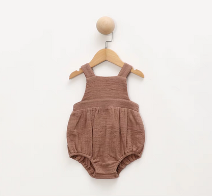Dusty rose cotton gauze baby romper cross back design soft breathable summer outfit front view