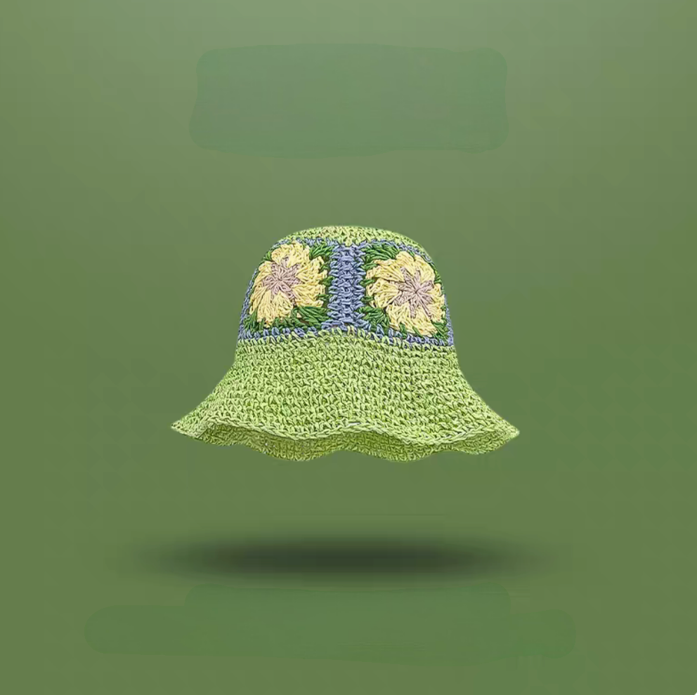 Green straw bucket hat with hand crocheted flower pattern soft brim breathable summer hat