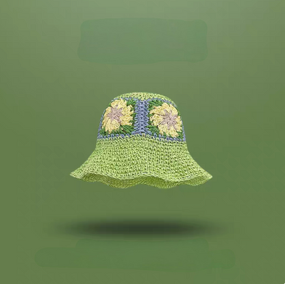 Green straw bucket hat with hand crocheted flower pattern soft brim breathable summer hat