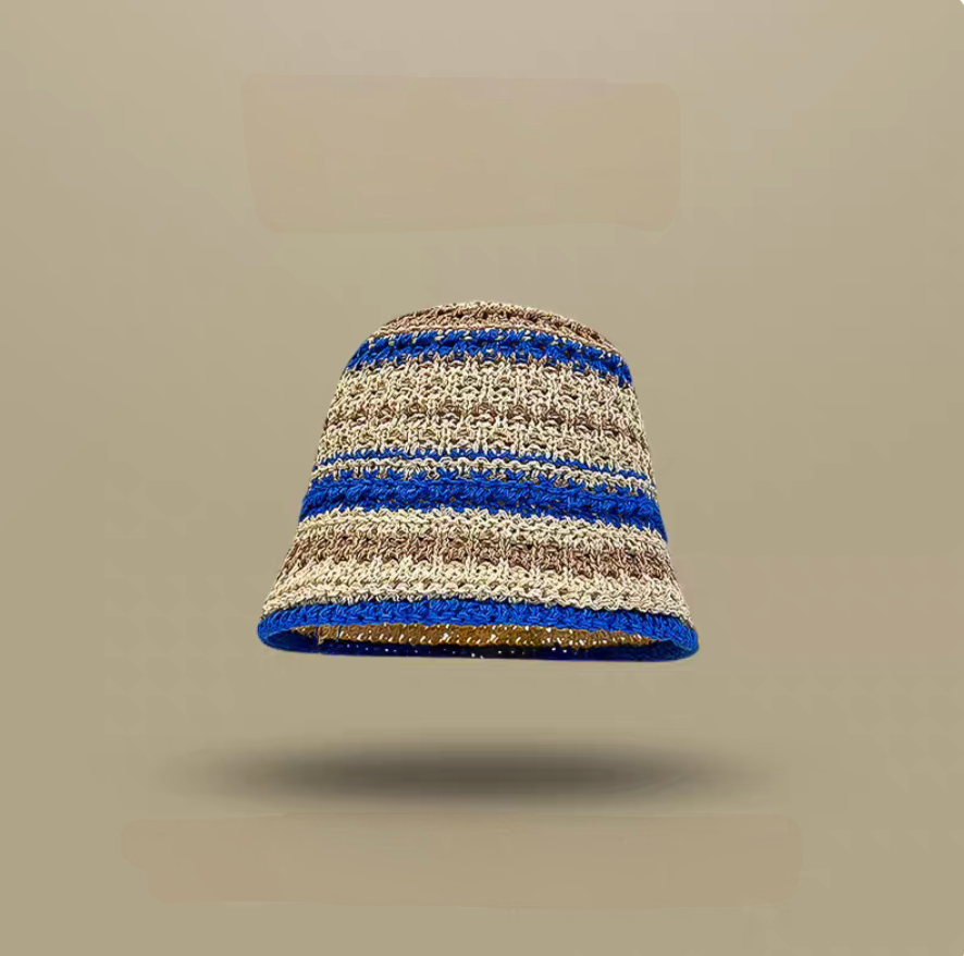 Khaki beige straw bucket hat with royal blue stripes soft brim breathable summer beach hat