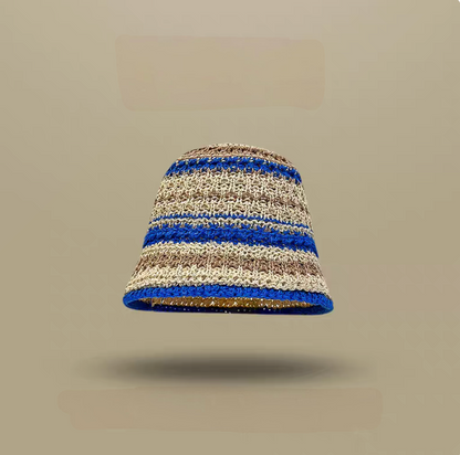 Khaki beige straw bucket hat with royal blue stripes soft brim breathable summer beach hat