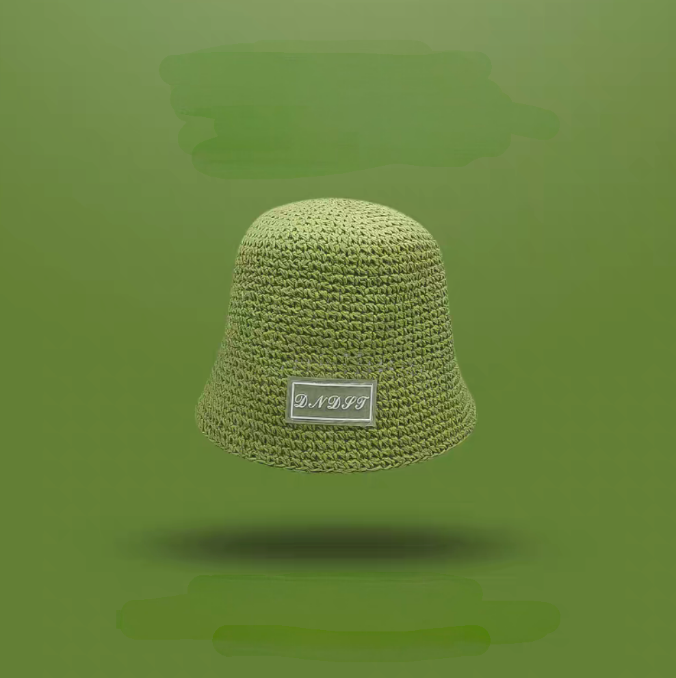 Light green straw bucket hat with logo patch soft brim minimalist summer hat