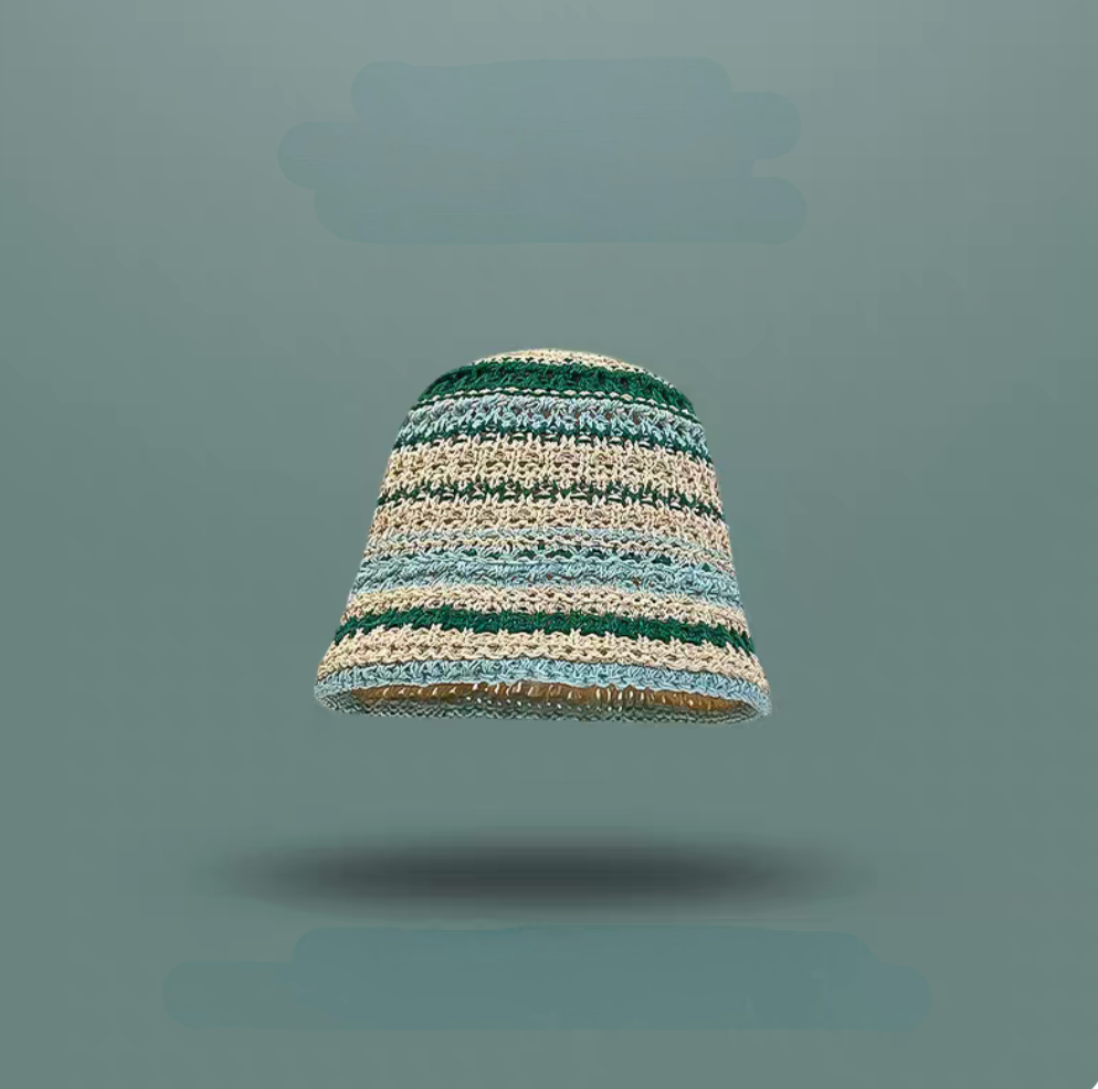 Dark green beige and light blue edge striped straw bucket hat soft brim summer beach hat