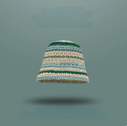 Dark green beige and light blue edge striped straw bucket hat soft brim summer beach hat