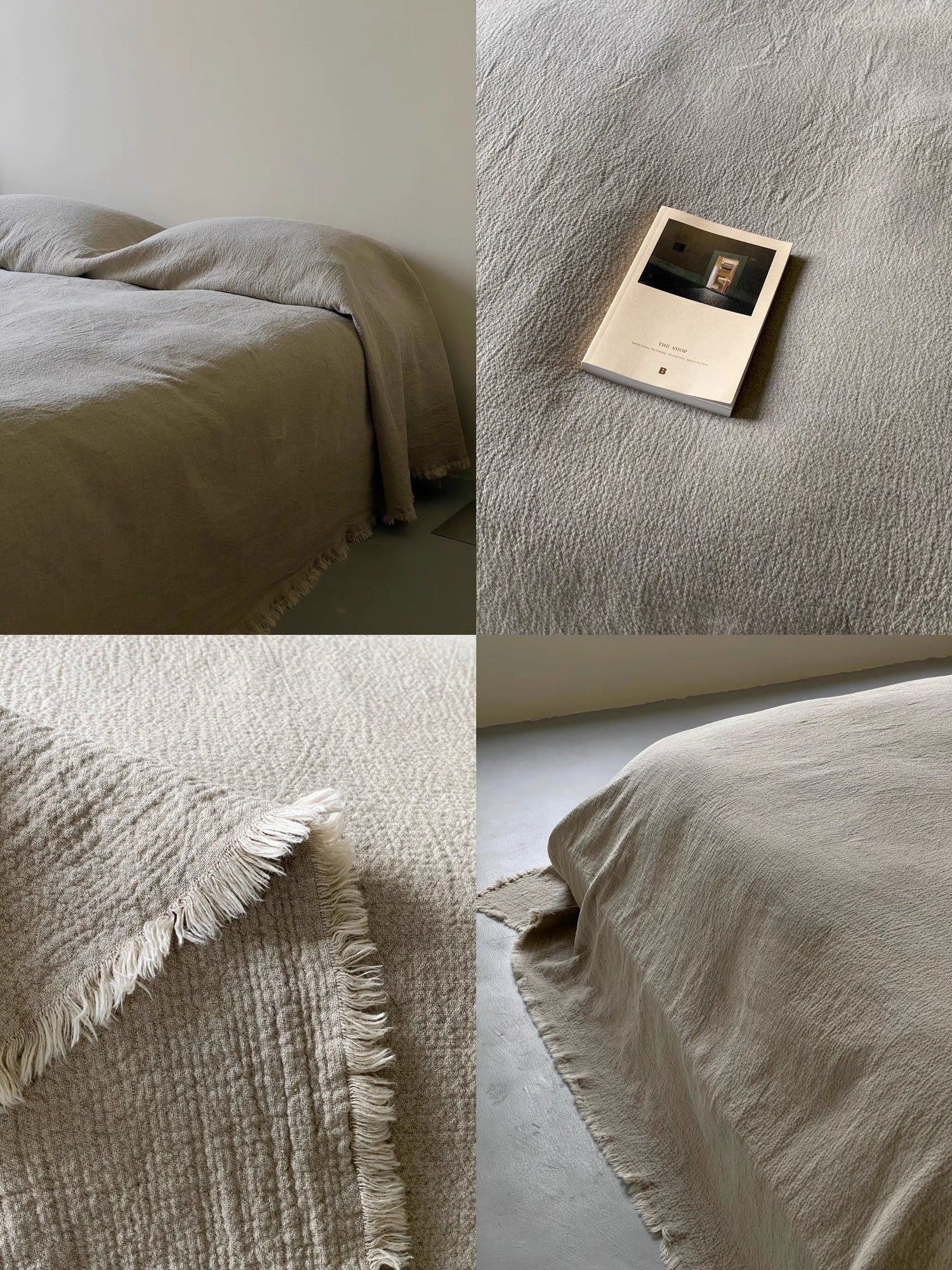 Detailed close up of natural French flax linen duvet thin quilt fabric texture highlighting breathable crinkled linen weave