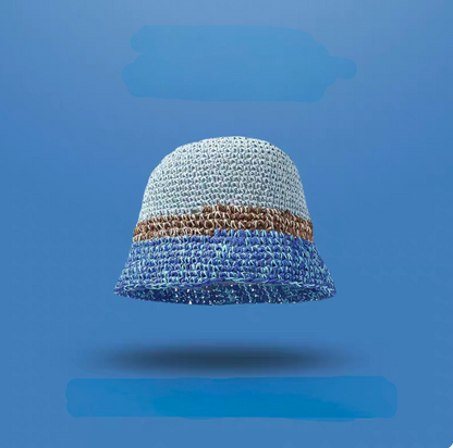 Sky blue straw bucket hat with multicolor woven detail soft brim breathable summer beach hat