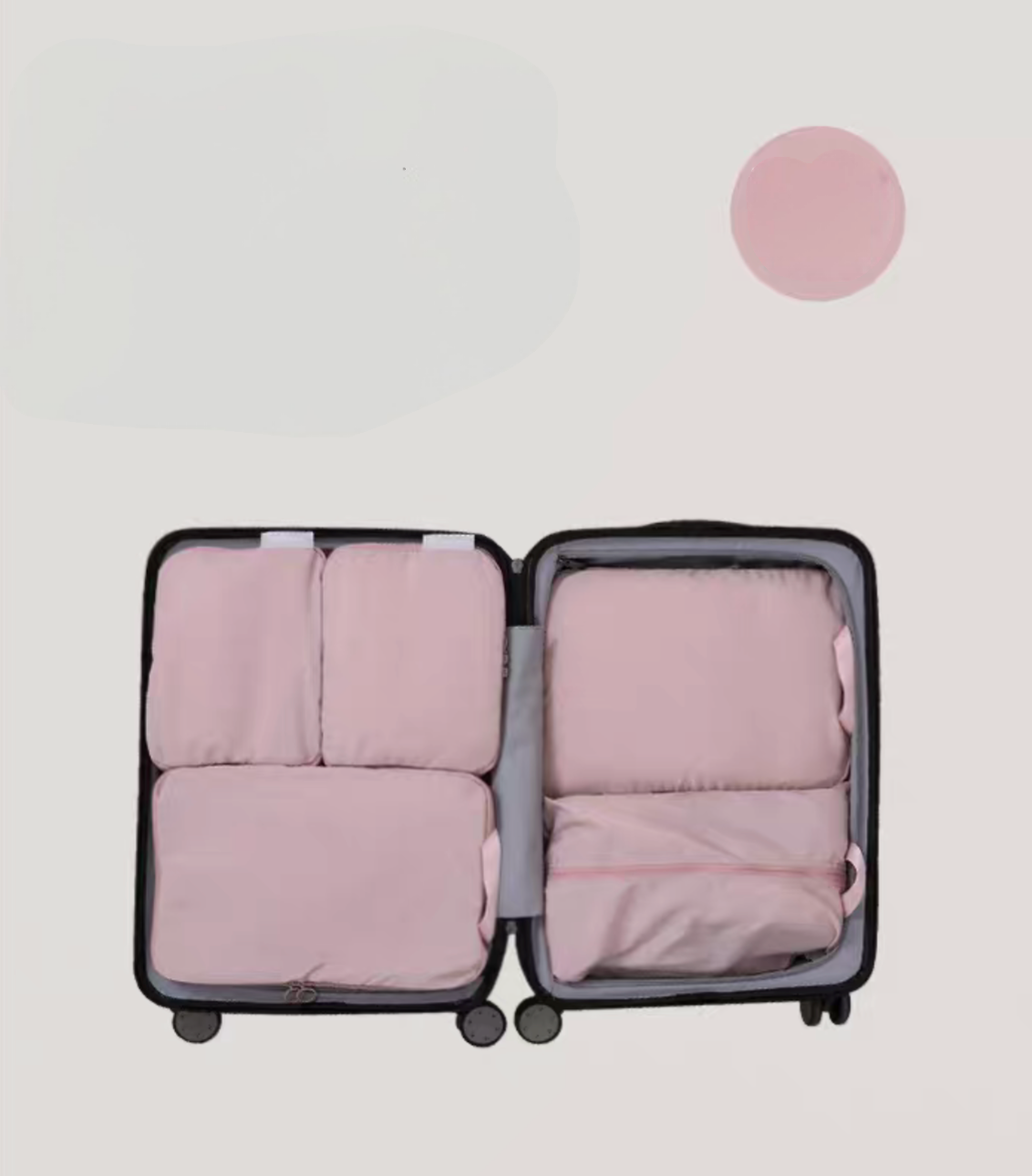 Bean Pink Compression Travel Packing Cubes with Shoe and Clothing Organizer Set showing the 6pcs suitcase layout