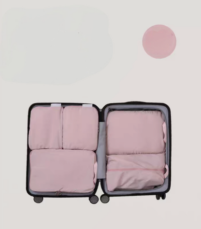 Bean Pink Compression Travel Packing Cubes with Shoe and Clothing Organizer Set showing the 6pcs suitcase layout