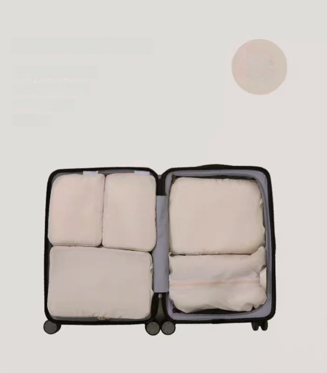 Beige Compression Travel Packing Cubes with Shoe and Clothing Organizer Set showing the 6pcs suitcase layout