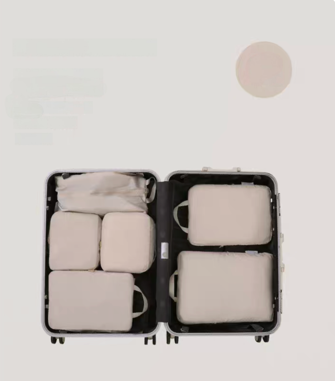 Beige Compression Travel Packing Cubes with Shoe and Clothing Organizer Set showing the 7pcs suitcase layout