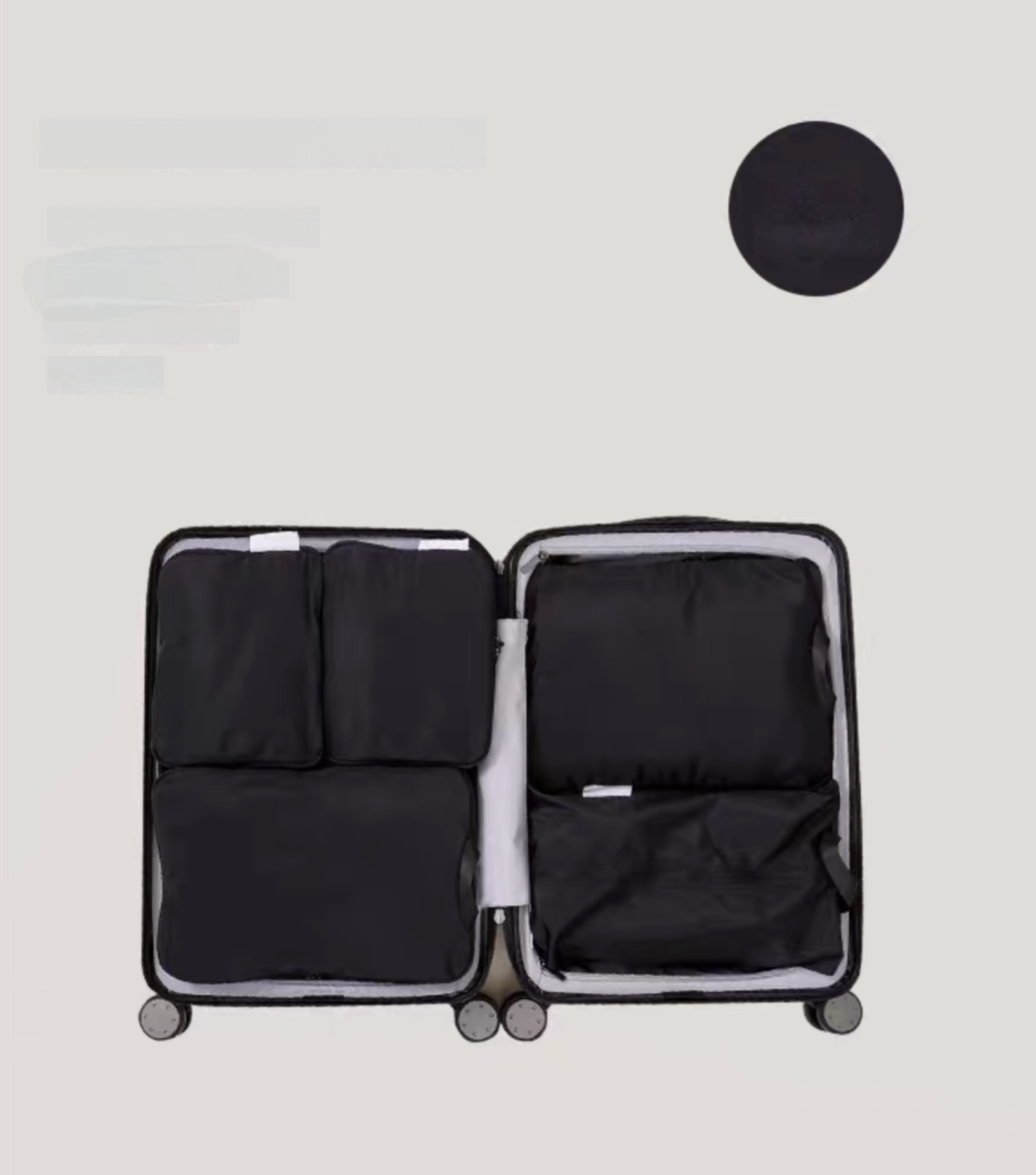 Black Compression Travel Packing Cubes with Shoe and Clothing Organizer Set showing the 6pcs suitcase layout
