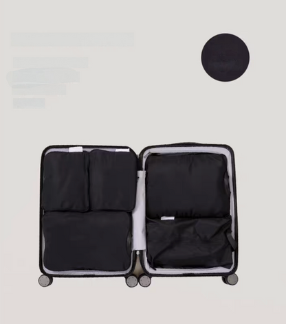 Black Compression Travel Packing Cubes with Shoe and Clothing Organizer Set showing the 6pcs suitcase layout
