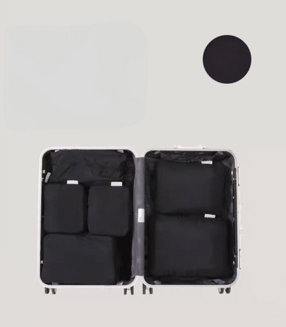 Black Compression Travel Packing Cubes with Shoe and Clothing Organizer Set showing the 7pcs suitcase layout