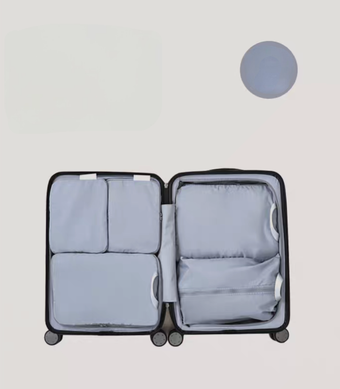Misty Blue Compression Travel Packing Cubes with Shoe and Clothing Organizer Set showing the 6pcs suitcase layout